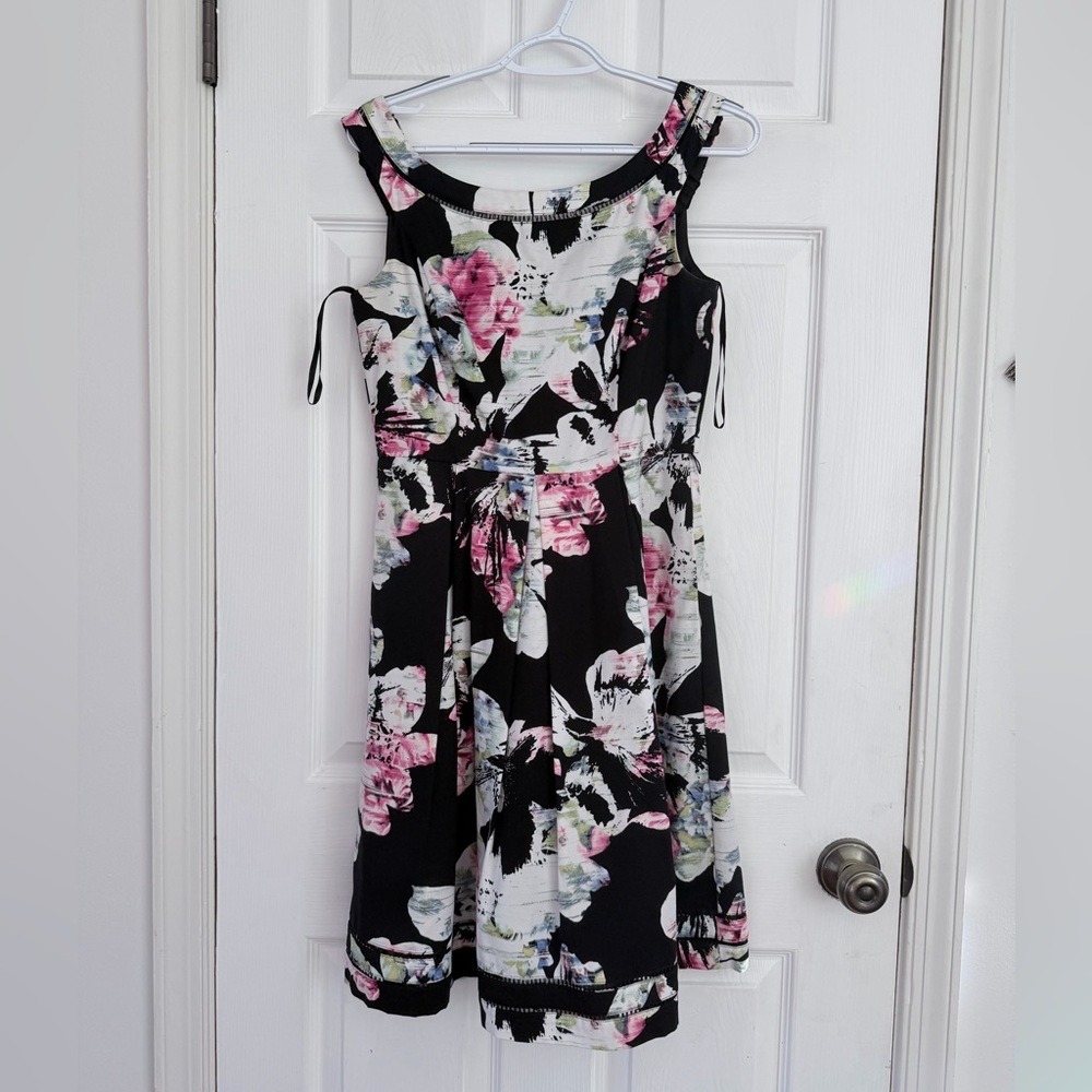 White House Black Market Black and Pink Floral Midi Dress with Pockets
